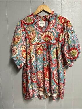 NWT Umgee Paisley Puff Sleeve Peasant Top - Aqua & Coral Large New with Tags